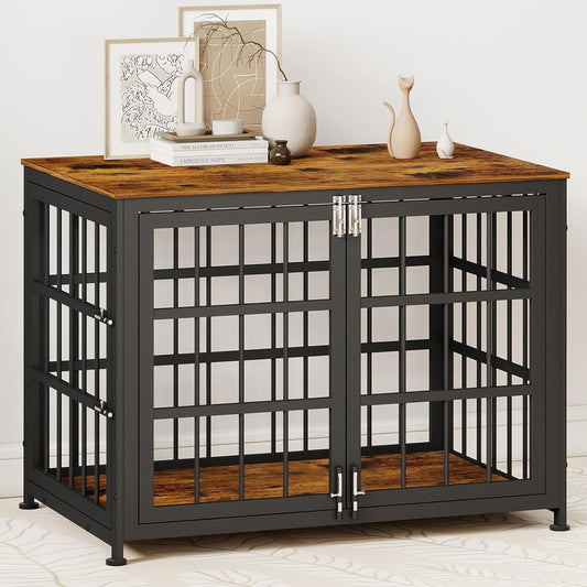 32 Inch Wooden End Table Dog Crate Furniture with Multiple Secure Locks, Heavy Duty Indoor Dog Kennel for Medium Dogs, Decorative Pet Cage for Home Use,Aged Black