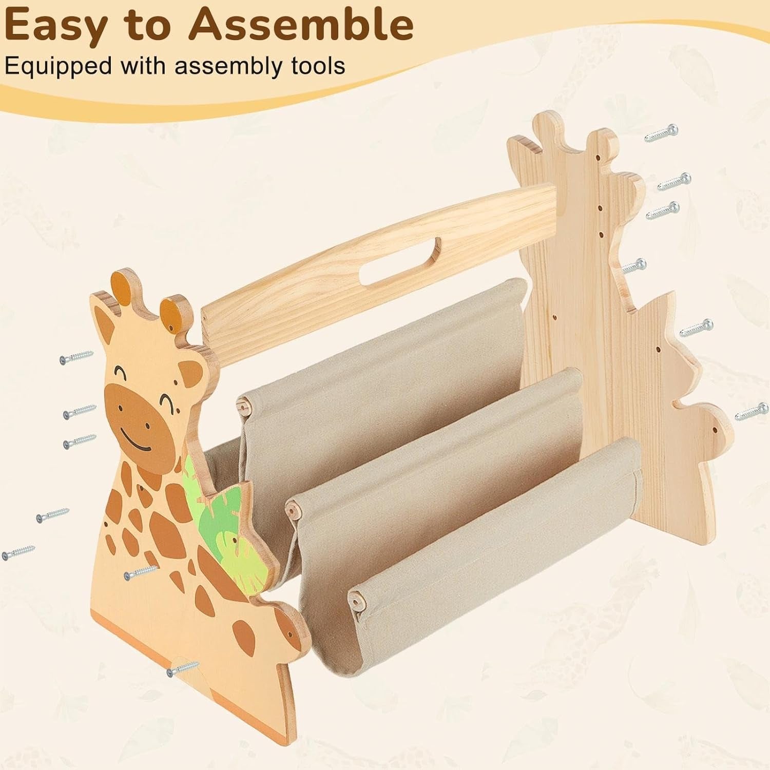 Toddler Bookshelf Double-Sided with 4 Tier Deep Sleeves Kids Wooden Montessori Book Rack for Baby Nursery Room, Playroom, Classroom or Bedroom Bookcase Storage Organizer, Light Wood Giraffe