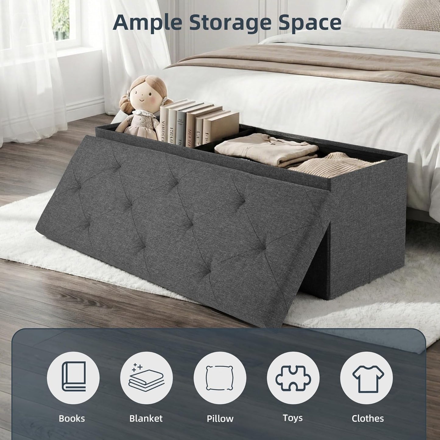 Foldable Storage Ottoman Bench, Storage Chest, End of Bed Foot Rest Stool with Padded Seat, 43 Inch Bedroom Bench for Living Room, Support 660Lbs, Grey
