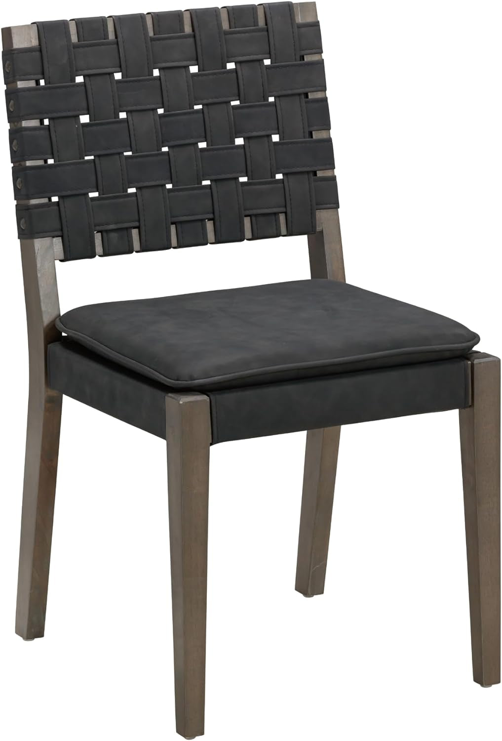 Cohen 19 In. Wood Dining Chair, Mid-Century Modern Upholstered Side Chair with Hand Woven Faux Leather Backrest, Black