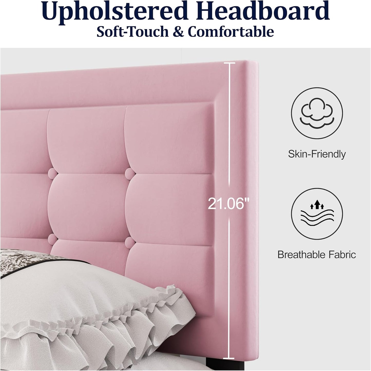 Full Size Upholstered Platform Bed, Full Size Frame with Tufted Button Headboard, Sturdy Frame Wooden Slats, No Innerspring Mattress Required, Noiseless, Easy to Assemble, Pink
