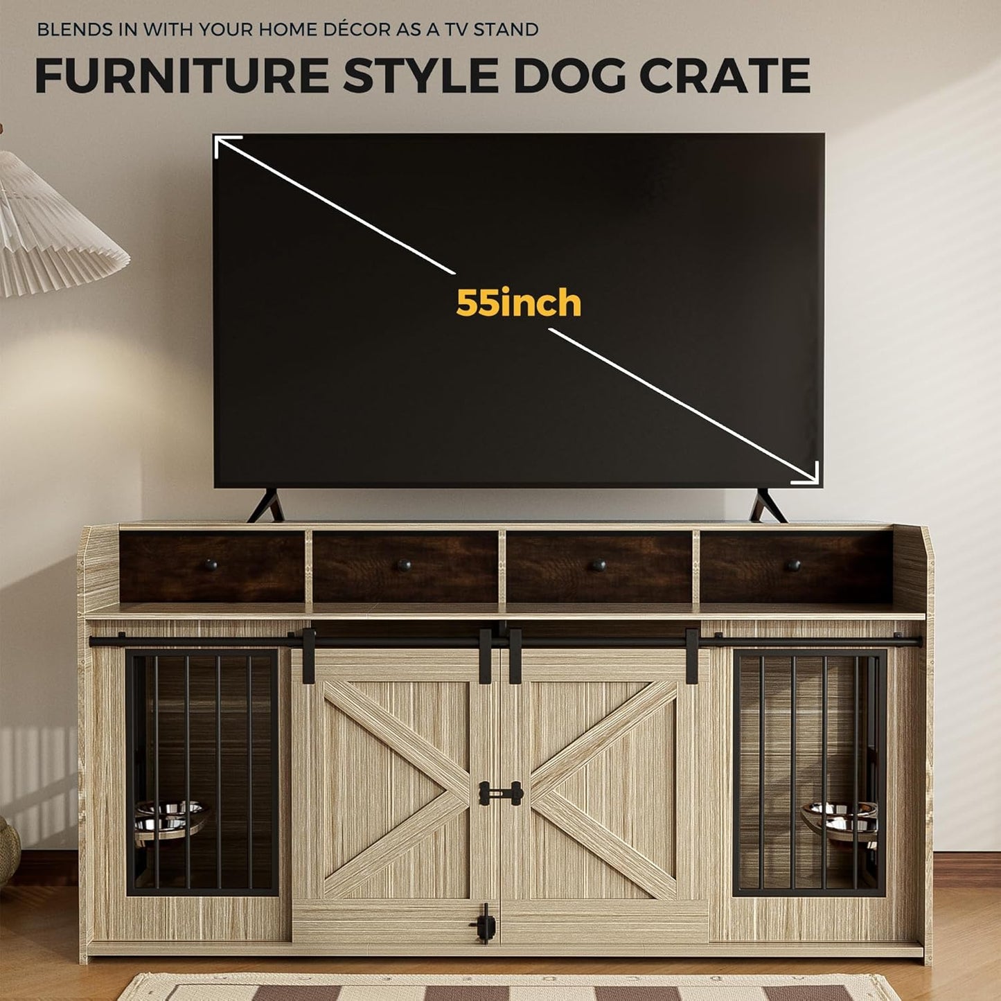 63" Double Dog Crate Furniture – Wooden Dog Kennel Indoor with Sliding Doors, Adjustable Bowls & Storage Drawers – Large Dog Crate TV Stand for 2 Dogs, Beige Wood Grain