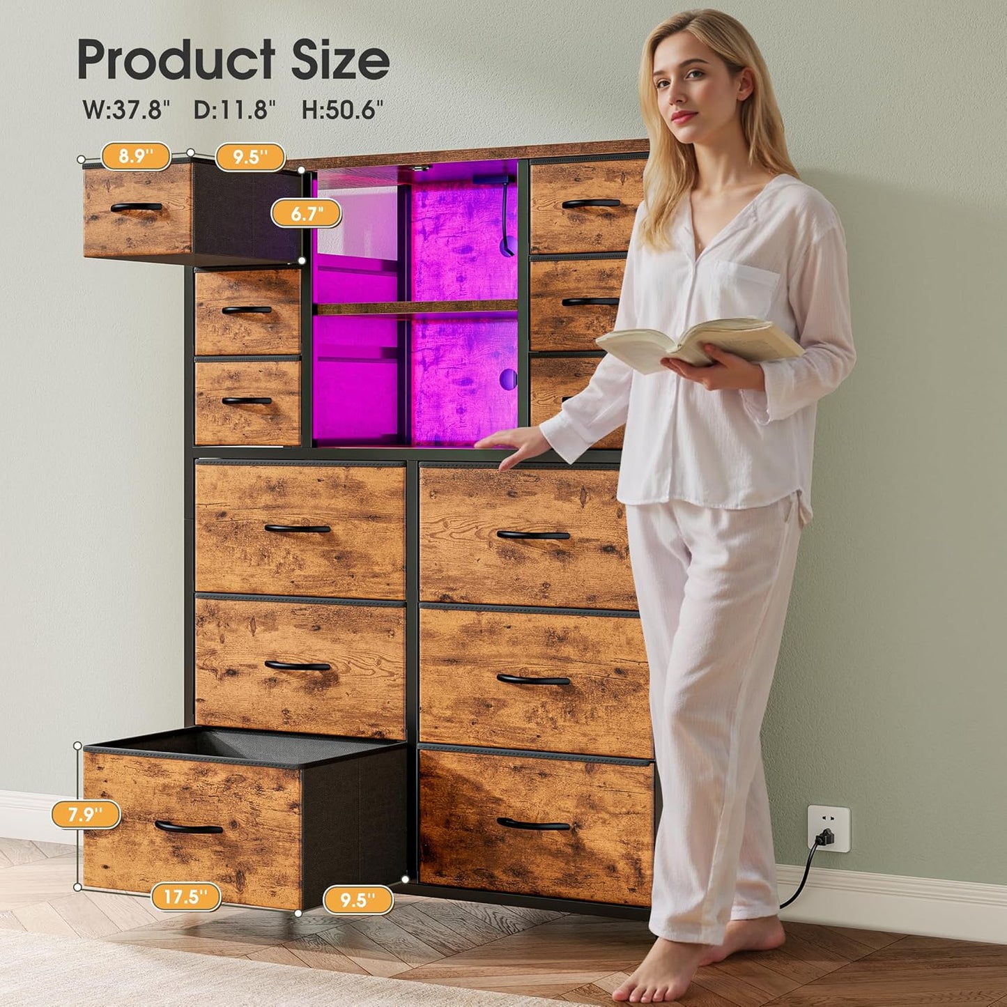 Dresser for Bedroom with Fabric Dresser, Charging Station & LED Light, Large Chest of Drawers for Living Room, Entryway, Metal Frame, Rustic Brown, 50.6" H X 37.8" W X 11.8" D