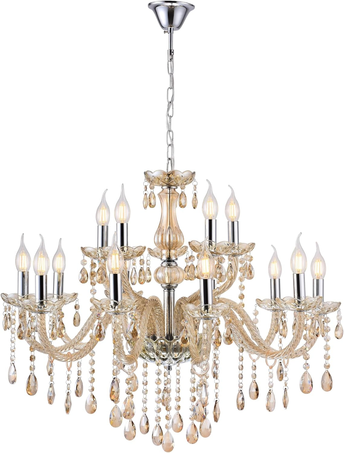Luxury Cognac Large Crystal Chandeliers for High Ceiling,15-Light 30.7" Large Chandeliers for Dining Room,Living Room,Bedroom,Foyer,Staircase