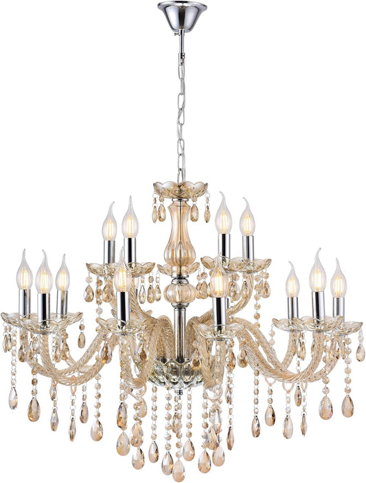 Luxury Cognac Large Crystal Chandeliers for High Ceiling,15-Light 30.7" Large Chandeliers for Dining Room,Living Room,Bedroom,Foyer,Staircase
