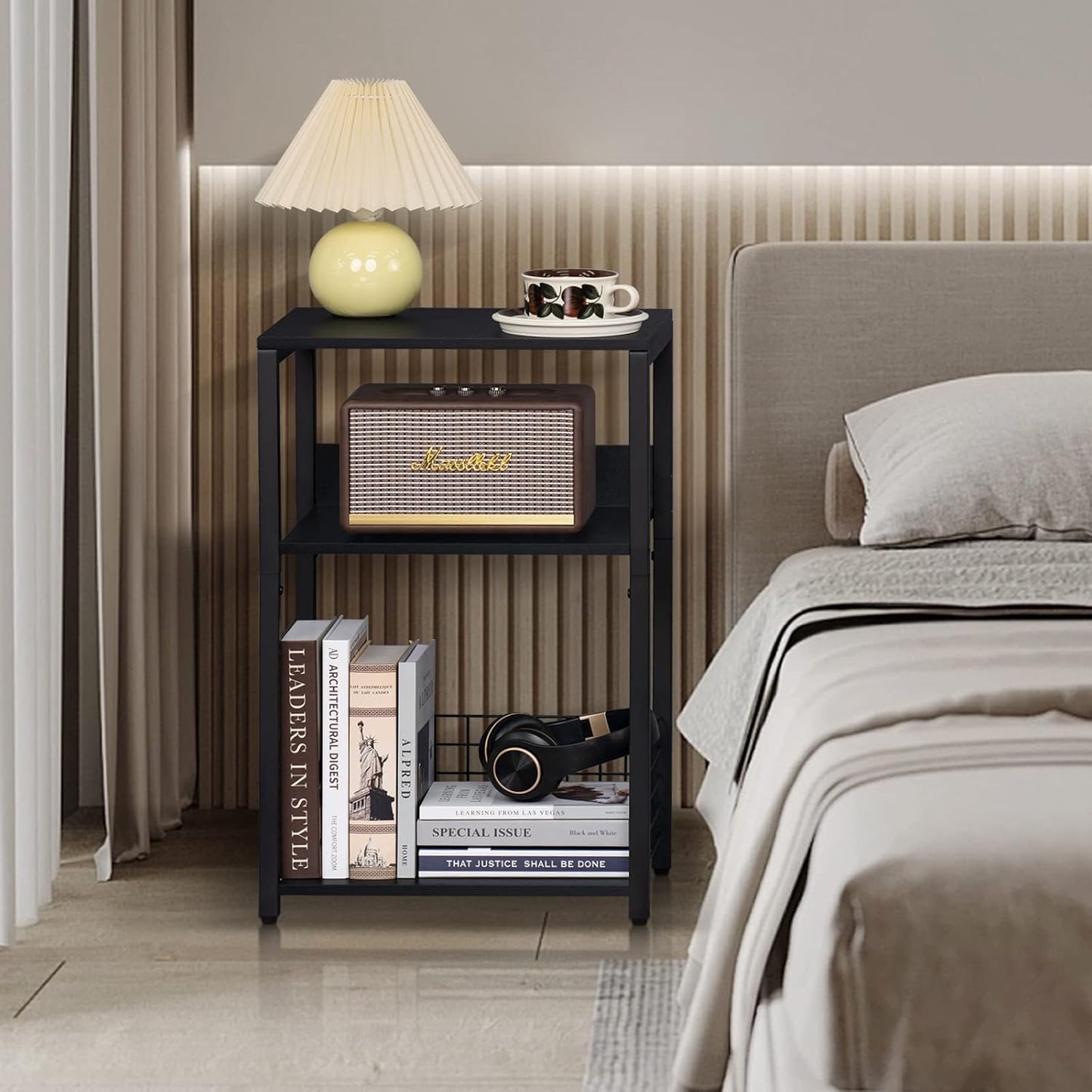 Black End Table, Small Side Table with Metal Frame,Modern Record Player Stand with Storage Shelf, Wood 3 Tier Sofa Bedside Tables, Narrow Nightstand for Living Room Bedroom Office