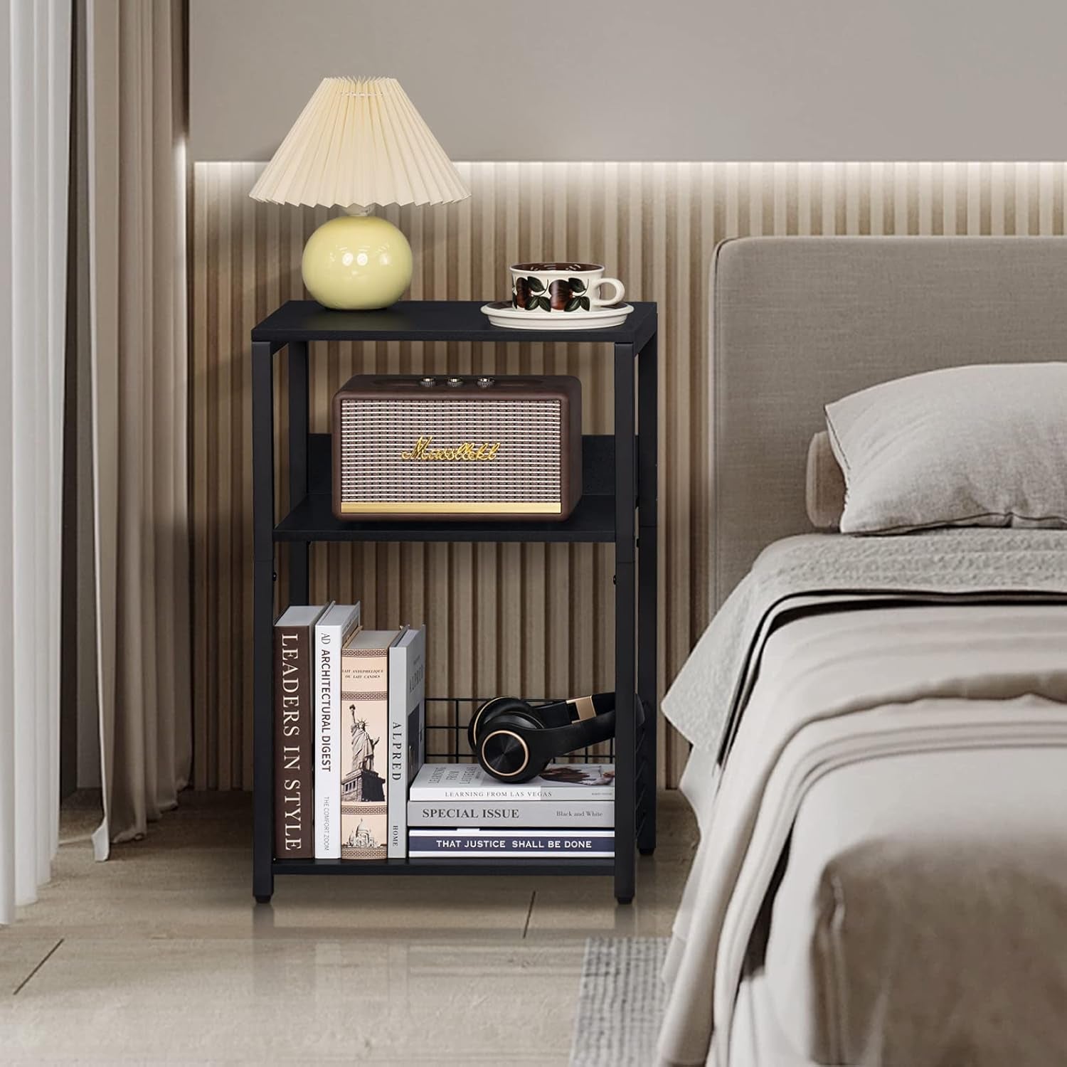 Black End Table, Small Side Table with Metal Frame,Modern Record Player Stand with Storage Shelf, Wood 3 Tier Sofa Bedside Tables, Narrow Nightstand for Living Room Bedroom Office