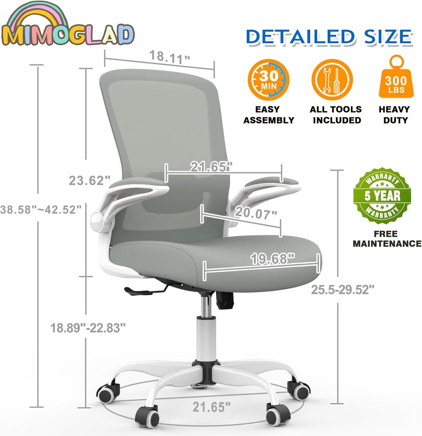 Ergonomic High Back Mesh Office Chair, Adjustable Lumbar Support, Thickened Seat Cushion (Modern, Moon Gray)