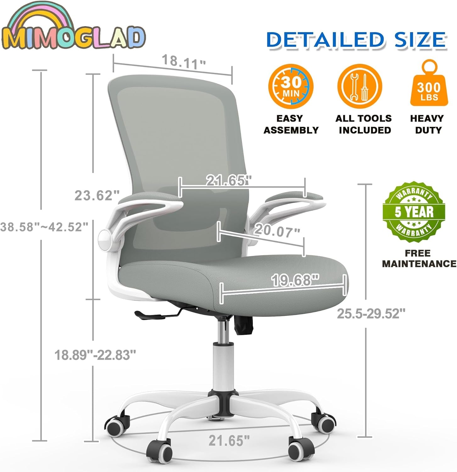 Ergonomic High Back Mesh Office Chair, Adjustable Lumbar Support, Thickened Seat Cushion (Modern, Moon Gray)