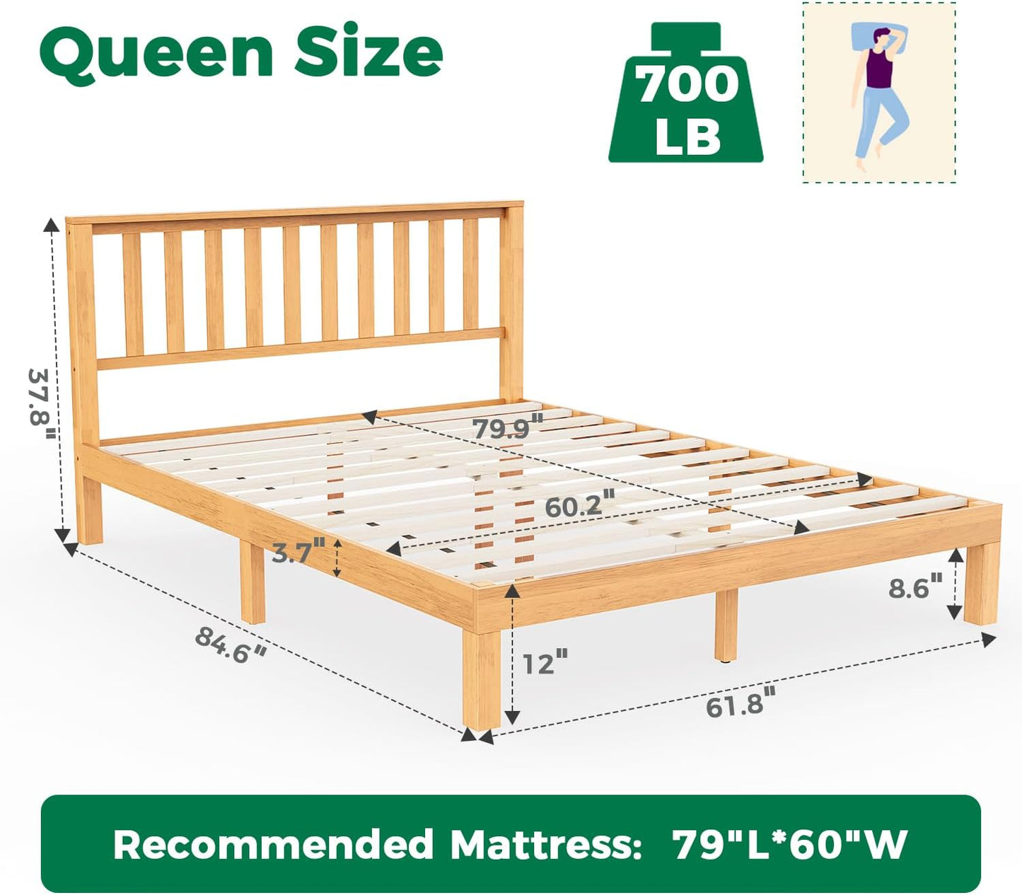 Queen Bed Frame with Headboard, Wood Platform Bed Frame, Farmhouse Style Bed Frame Queen Size with Slats Support, Malaysian Oak, No Box Spring Needed, Easy Assembly, Rustic Pine