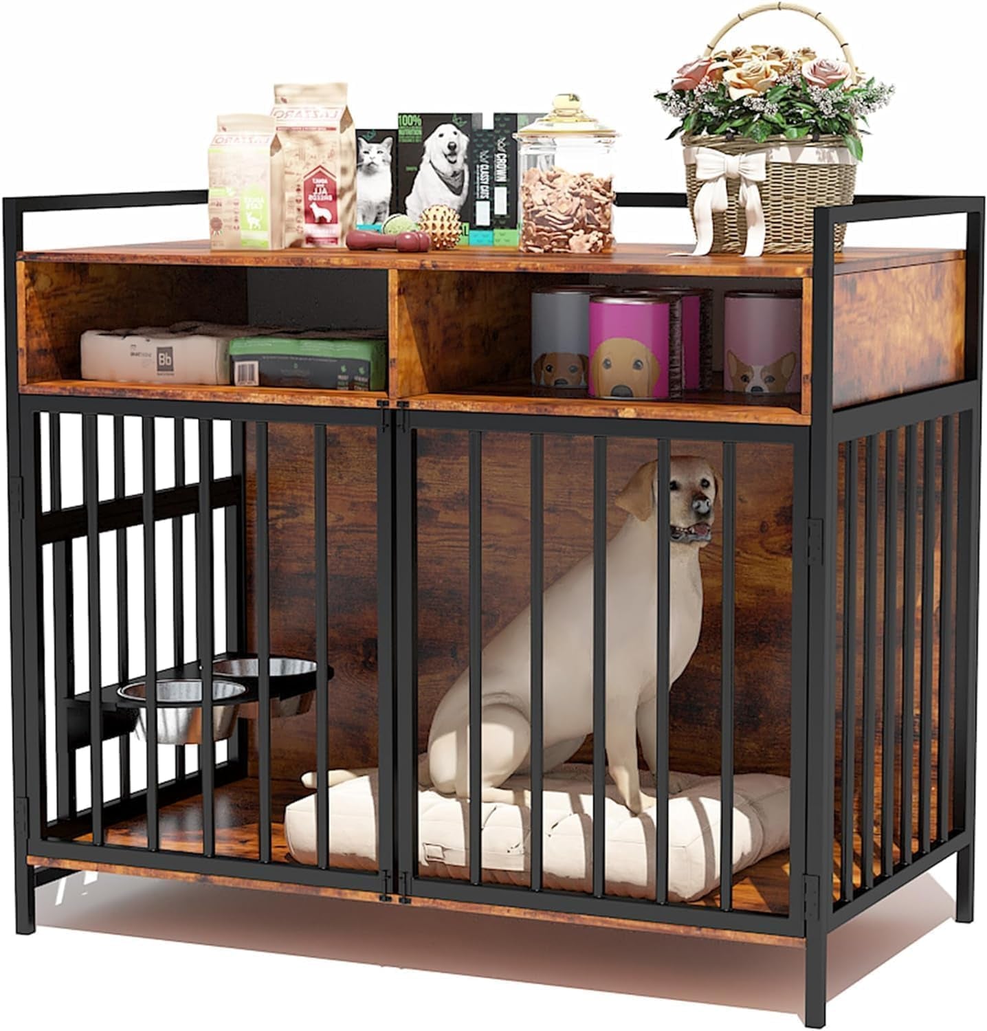 Large Dog Crate Furniture - 48" Vintage Brown Wooden Kennel for Big Dogs, Heavy Duty Chew-Proof Cage with 360° & Adjustable Raised Feeder, Dual Use as End Table or TV Stand