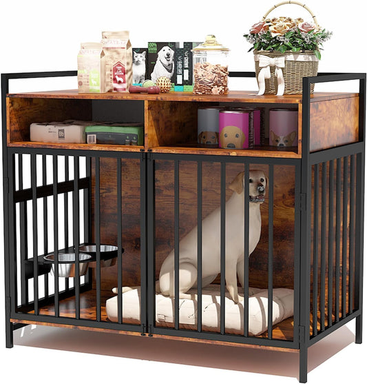 Large Dog Crate Furniture - 48" Vintage Brown Wooden Kennel for Big Dogs, Heavy Duty Chew-Proof Cage with 360° & Adjustable Raised Feeder, Dual Use as End Table or TV Stand