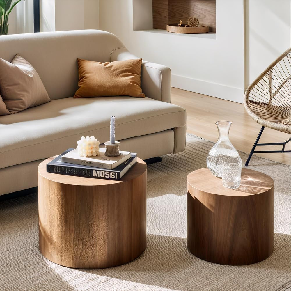 Nesting Coffee Table Set of 2, Modern round Coffee Table with Non-Slip Feet, Walnut Wooden Circle Accent Tables for Small Spaces Living Room Bedroom Balcony Office Drum Side Table (Walnut)