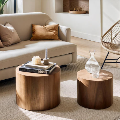 Nesting Coffee Table Set of 2, Modern round Coffee Table with Non-Slip Feet, Walnut Wooden Circle Accent Tables for Small Spaces Living Room Bedroom Balcony Office Drum Side Table (Walnut)