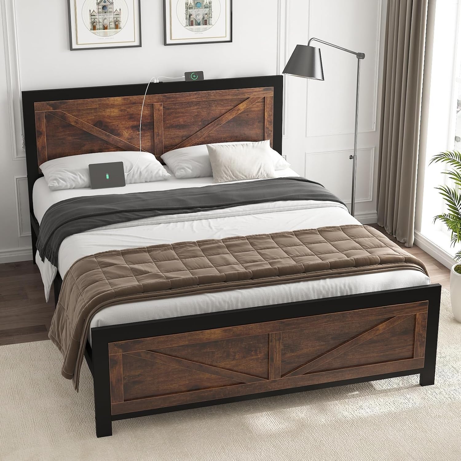 Led Bed Frame King Size with Charging Station, Industrial Platform Bed Frame with Rustic Barn Door Wood Headboard, Strong Metal Slats Support, Noise Free, No Box Spring Needed, Brown