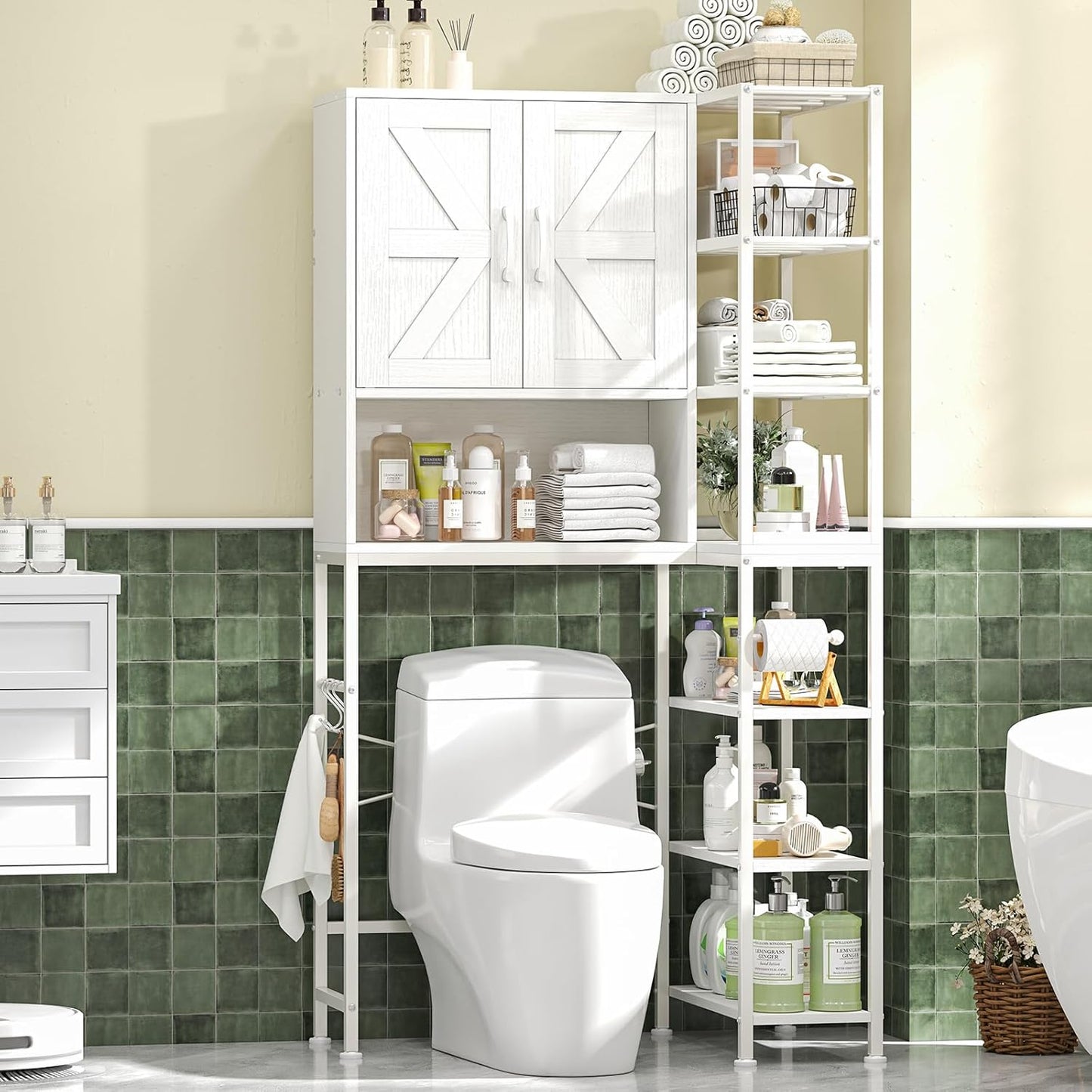 over the Toilet Storage Cabinet with Doors, 7 Tier over Toilet Bathroom Organizer with Adjustable Shelf, Freestanding Space Saver Toilet Rack with Paper Holder for Restroom, Laundry, White