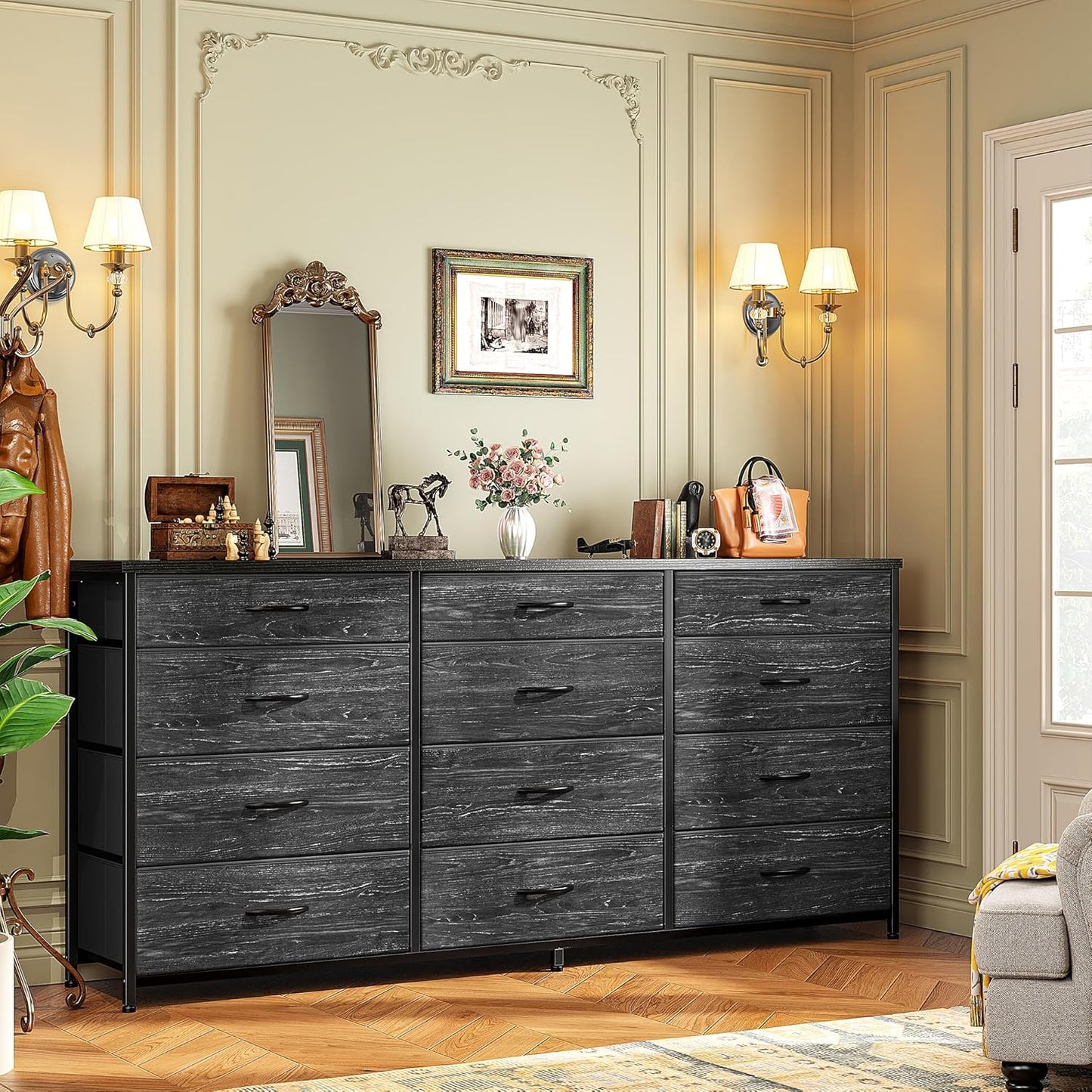 55" Long Dresser for Bedroom with 12 Fabric Drawers, Entertainment Center for 60 Inch TV Dressers & Chests of Drawers Large Organizer, Living Room, Metal Frame, Wood Top, Black