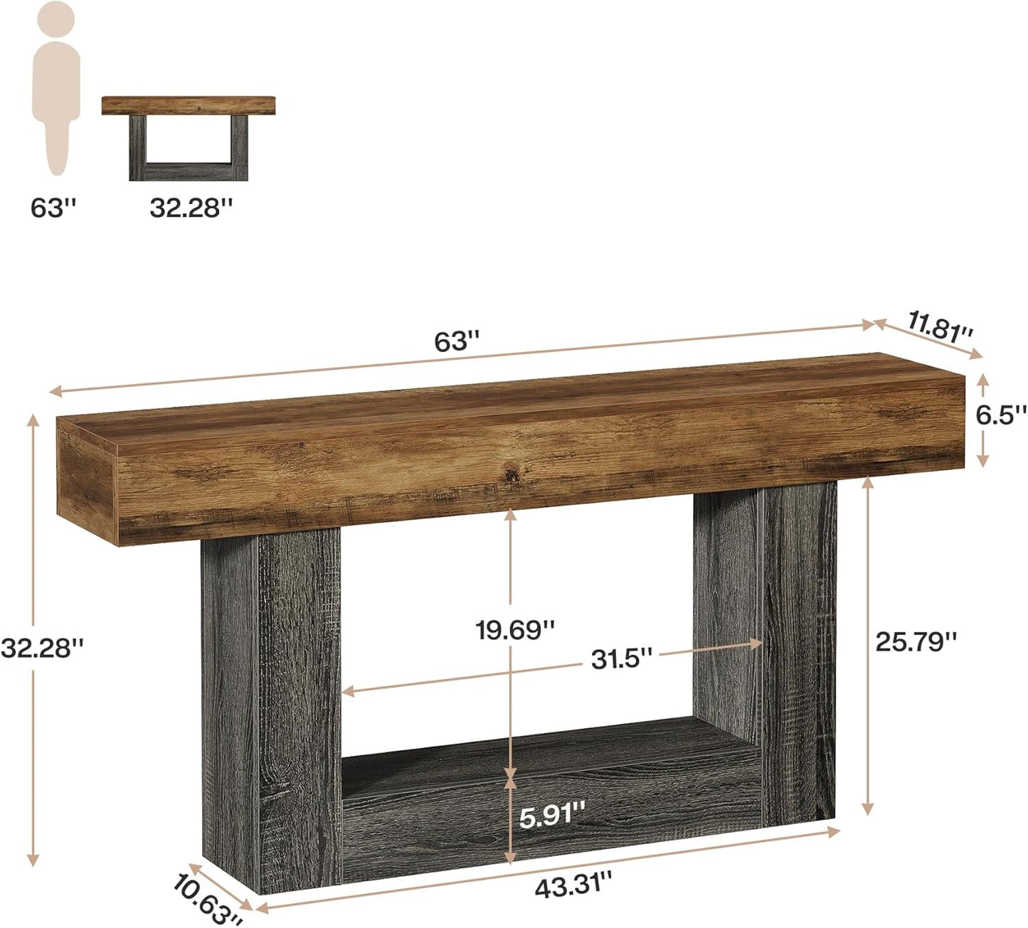 63-Inch Long Console Table, 2-Tier Entryway Table Sofa Table with Storage, Farmhouse Wood behind Couch Tables for Living Room, Hallway, Rustic Brown & Gray