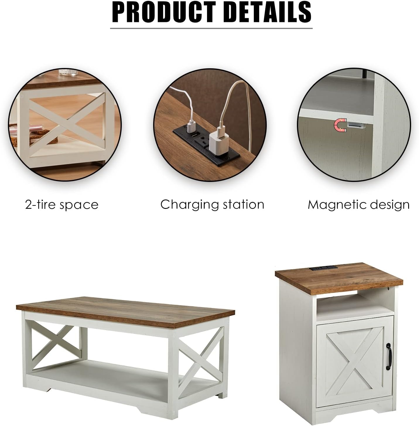 5-Piece Farmhouse Table Set Includes Fireplace TV Stand, Coffee Table& Two End Tables with Charging Station and USB Ports, for Living Room, Distressed White, 59"