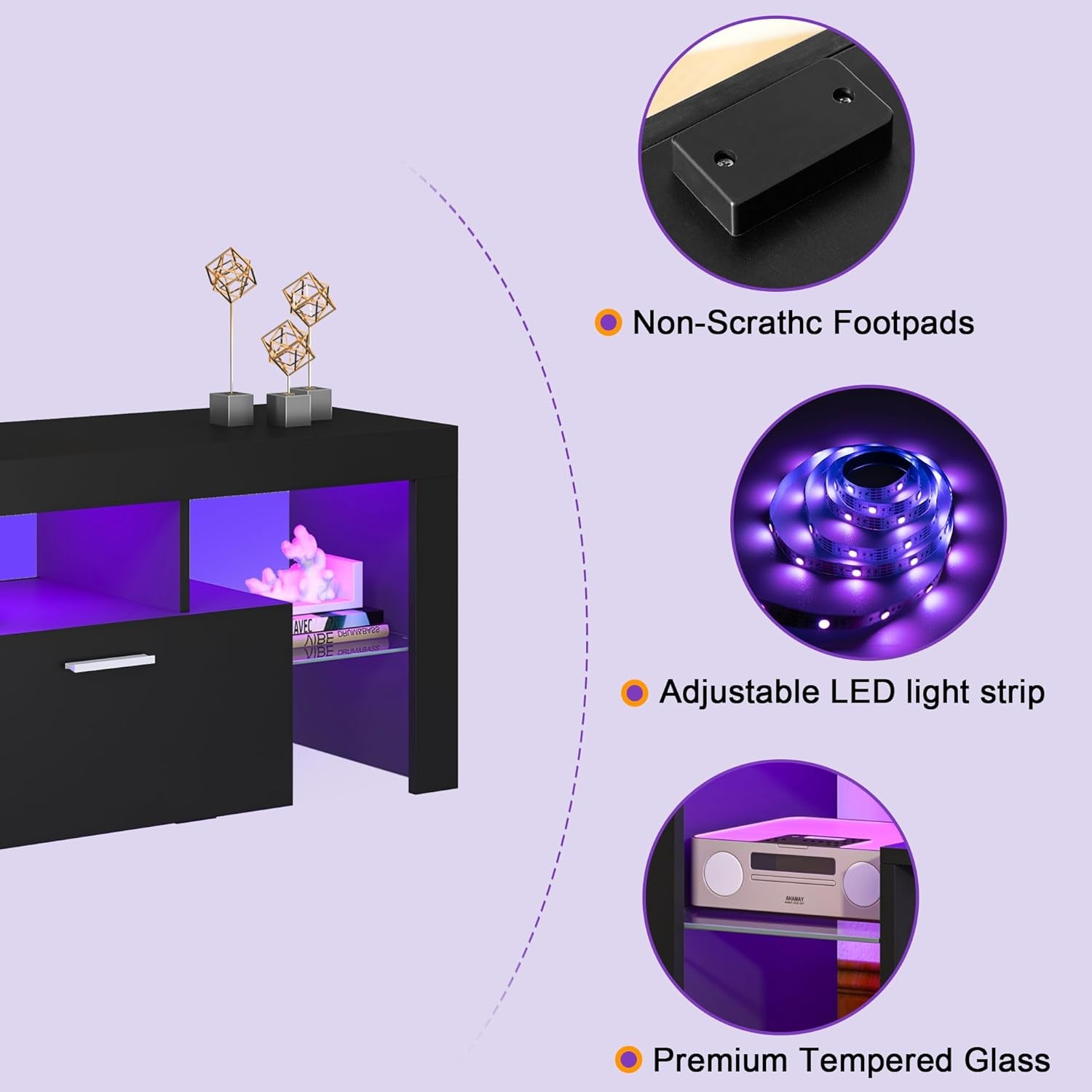 Modern Lighting 63 Inch TV Stand with Large Storage Drawer for 50 55 60 65 70 75 Inch Tvs, TV Console with 20 Color LED Lights, Entertainment Center Media and Open Shelf for Bedroom, Black
