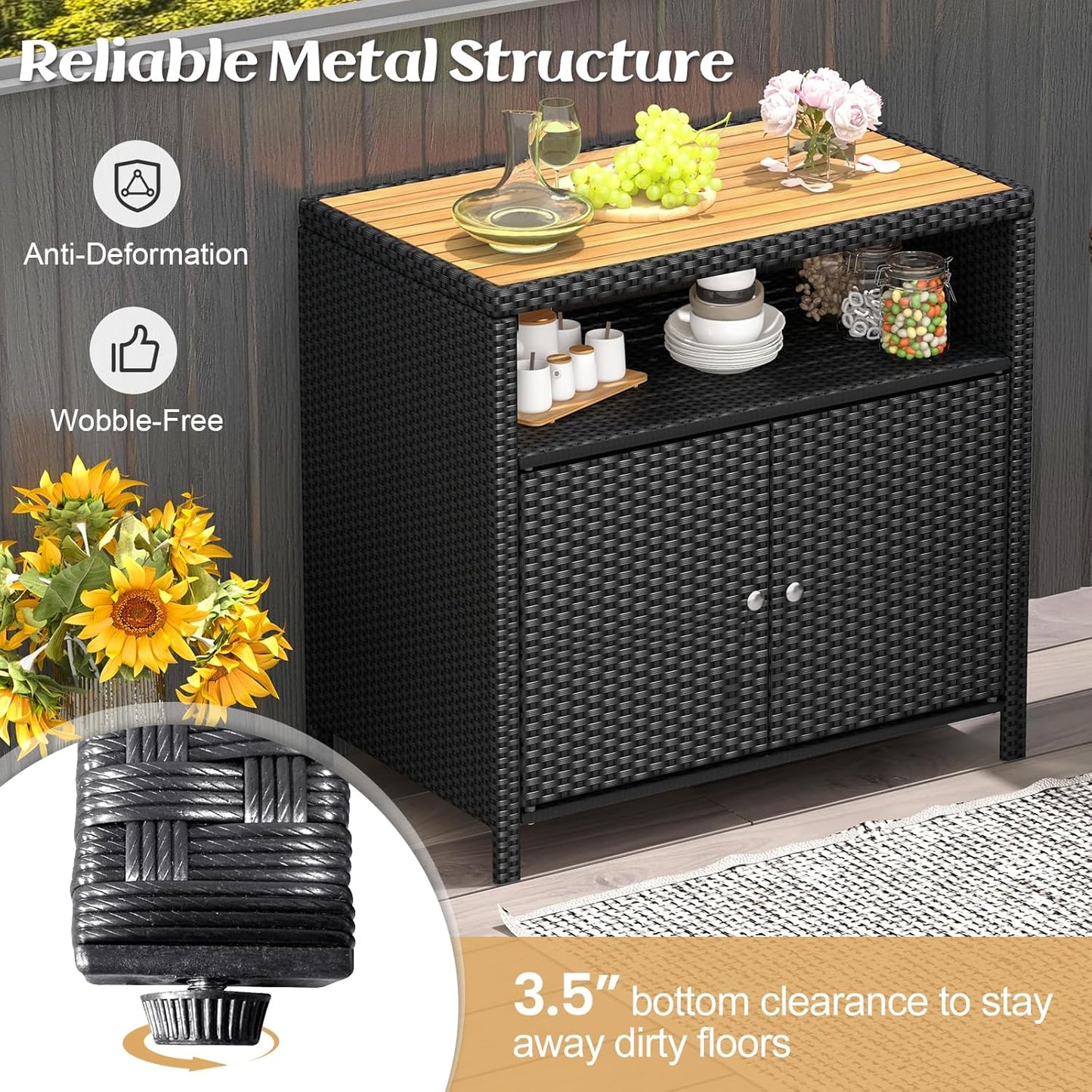 Wicker Outdoor Bar Cabinet - PE Rattan Patio Bar Table W/Acacia Wood Countertop, Open Shelf & 2 Doors, Buffet Sideboard Organizer for Garden Backyard Pool, outside Storage Cabinet (Black)