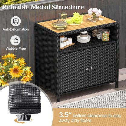 Wicker Outdoor Bar Cabinet - PE Rattan Patio Bar Table W/Acacia Wood Countertop, Open Shelf & 2 Doors, Buffet Sideboard Organizer for Garden Backyard Pool, outside Storage Cabinet (Black)