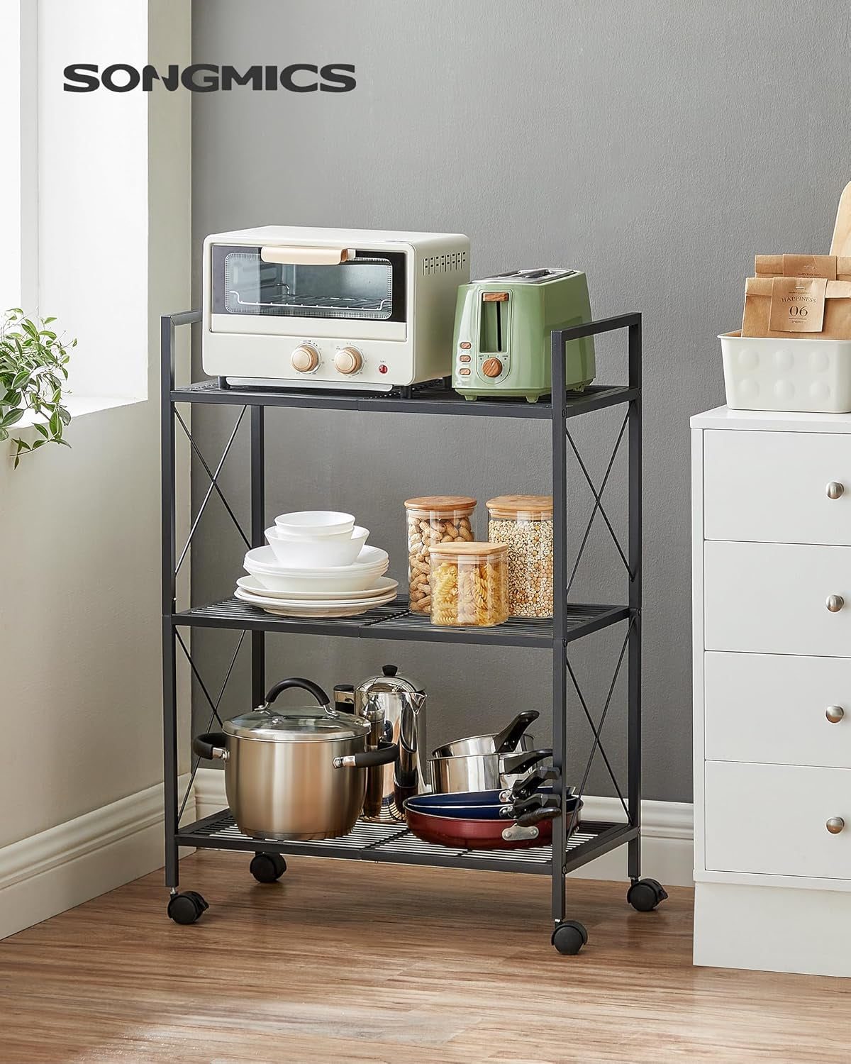 3-Tier Metal Storage Rack with Wheels, Mesh Shelving Unit with X Side Frames, 23.6-Inch Width, for Entryway, Kitchen, Living Room, Bathroom, Industrial Style, Black UBSC163B01