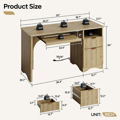 Computer Desk with Drawer, 55 Inch Office Desk with Power Outlet, Modern Home Office Desk with Keyboard Tray (Natual Oak, 55" W with Single-Sided Drawers)