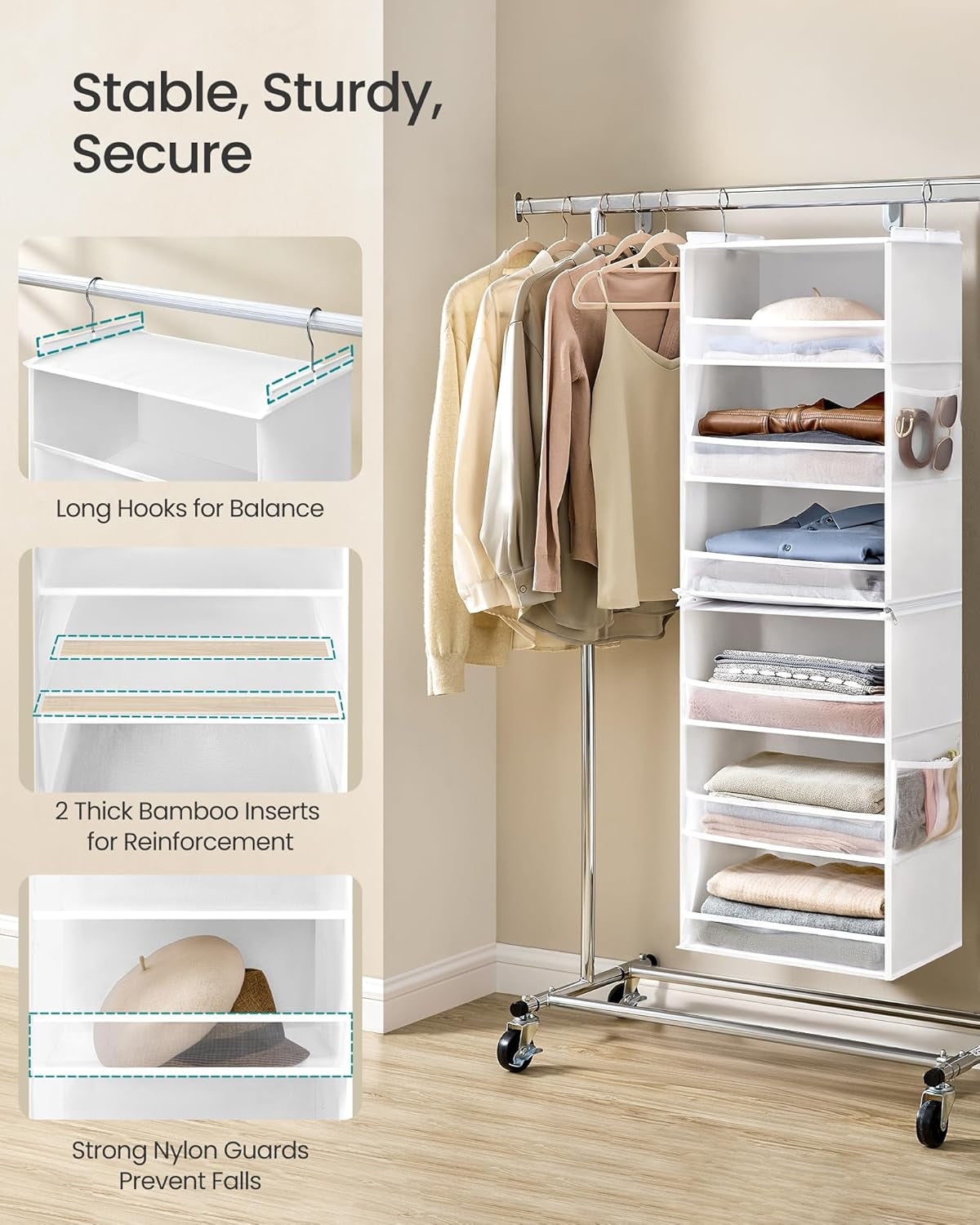 Hanging Closet Organizer, 6-Tier Fabric Storage Shelf, Separable Closet Hanging Shelf with Side Pockets, Foldable, Metal Hooks and Bamboo Inserts, Cloud White URCH007W01
