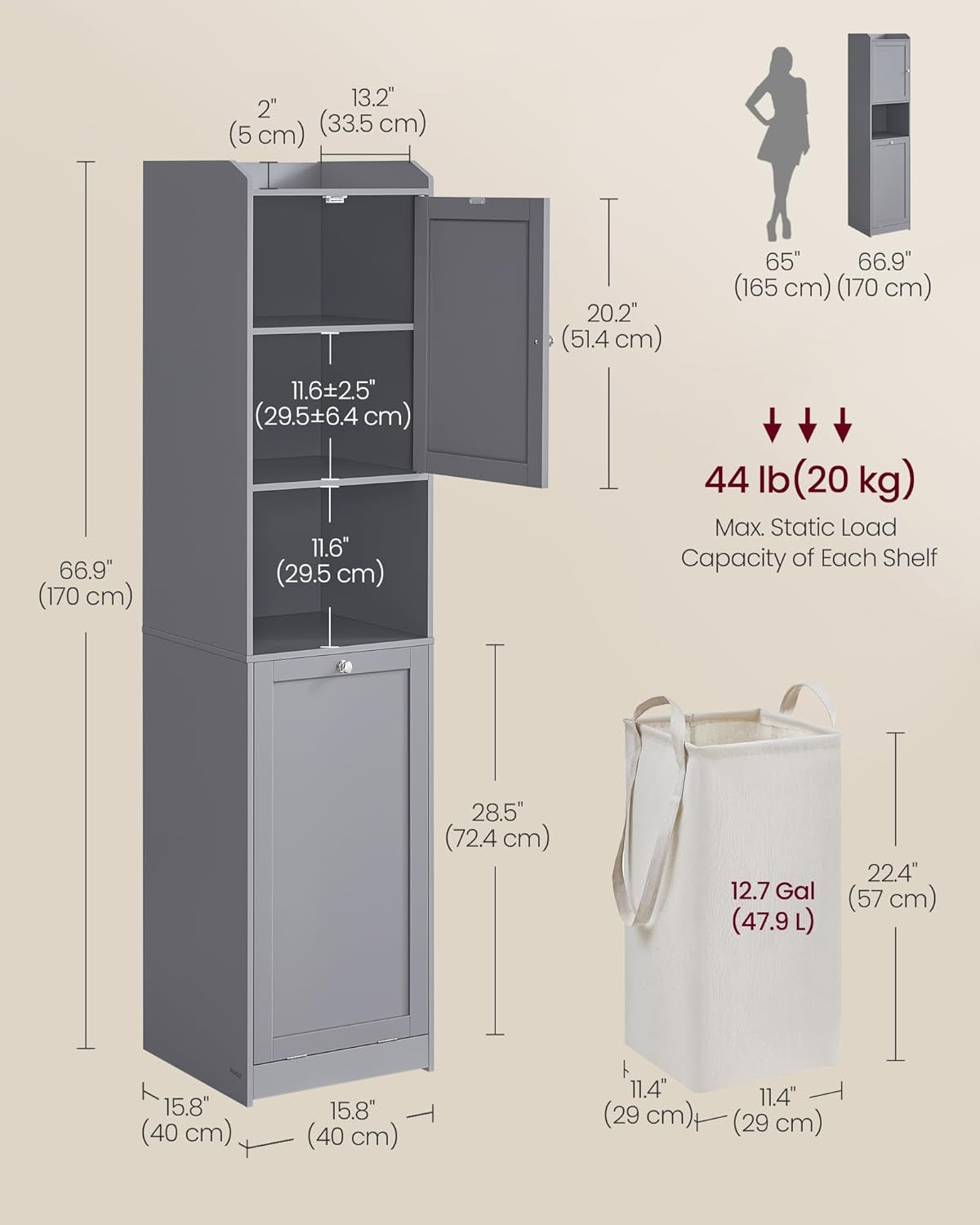 Tall Bathroom Cabinet with Laundry Basket, Removable Laundry Basket with Handles, Compartment with Door, Linen Tower, 15.8 X 15.8 X 66.9 Inches, Dove Gray UBBC761G02