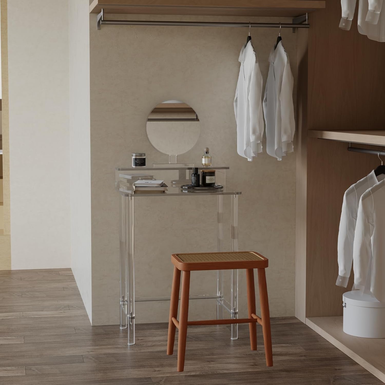 Acrylic Small Vanity with Mirror - 23.6'' L X 15.8'' W X 33.9'' H - Modern Makeup Vanity Desk for Small Spaces - Clear Makeup Table Dressing Table, for Bedroom, Cloakroom