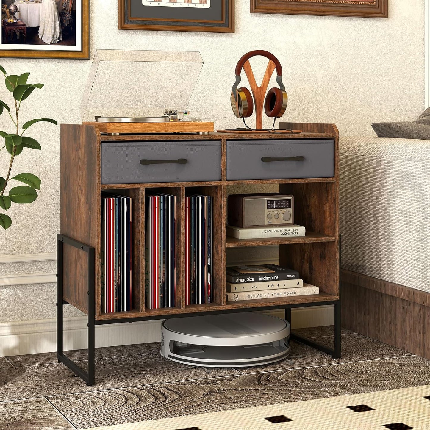 Large Record Player Stand with Charging Station, Modern Turntable Stand W/2 Fabric Drawers & Adjustable Shelf, Record Player Table, Vinyl Record Storage for Living Room (Rustic Brown)