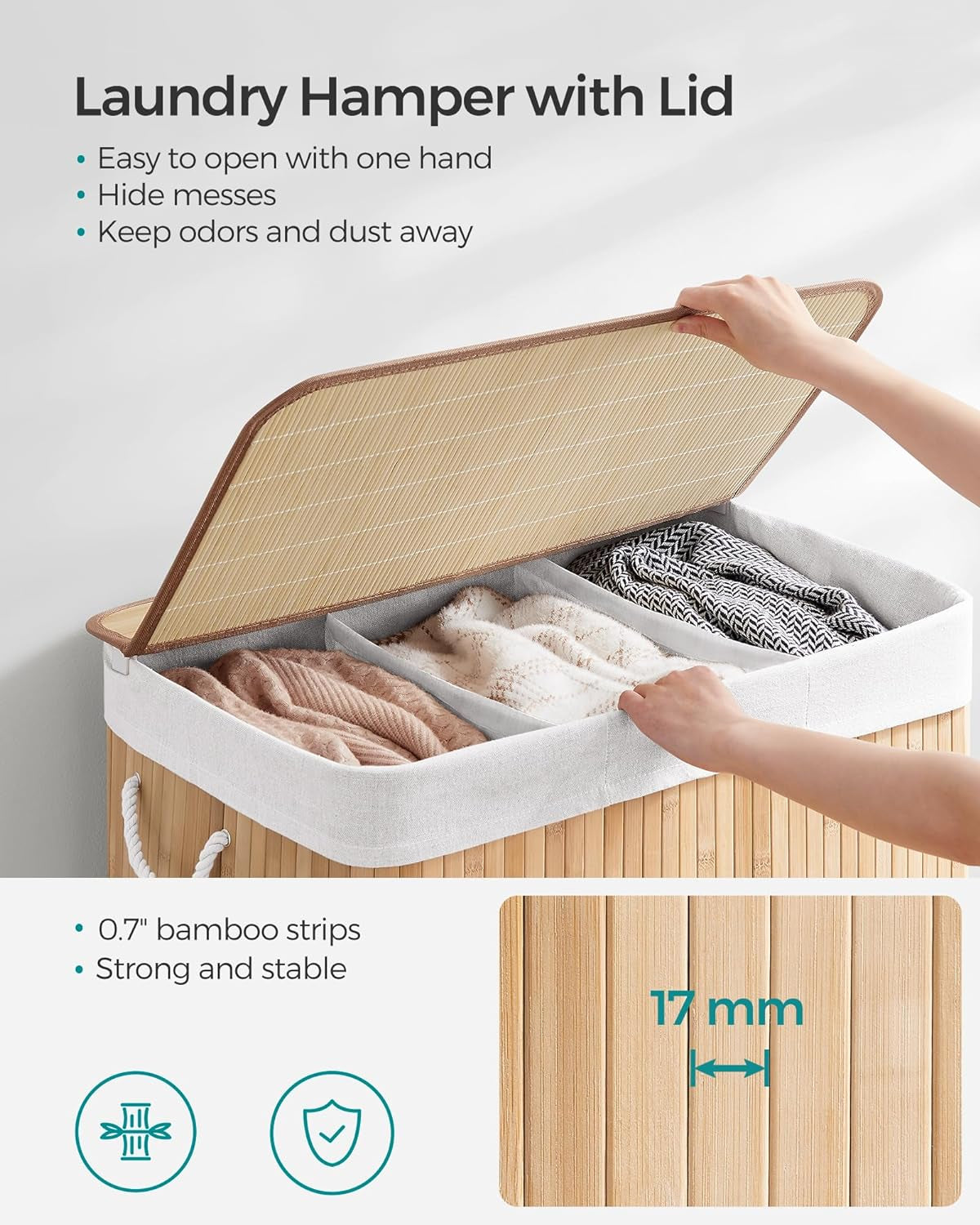 Laundry Hamper, 39.6 Gallons (150L), 3-Section Laundry Basket, Laundry Hamper with Lid, Bamboo, Foldable, Removable and Machine Washable Liner, for Laundry Room, Bedroom, Natural ULCB091N01