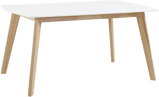 Mid Century Modern Wood Table Dining Room Kitchen Set Dining Chairs, 60 Inch, 6 Person , White and Natural