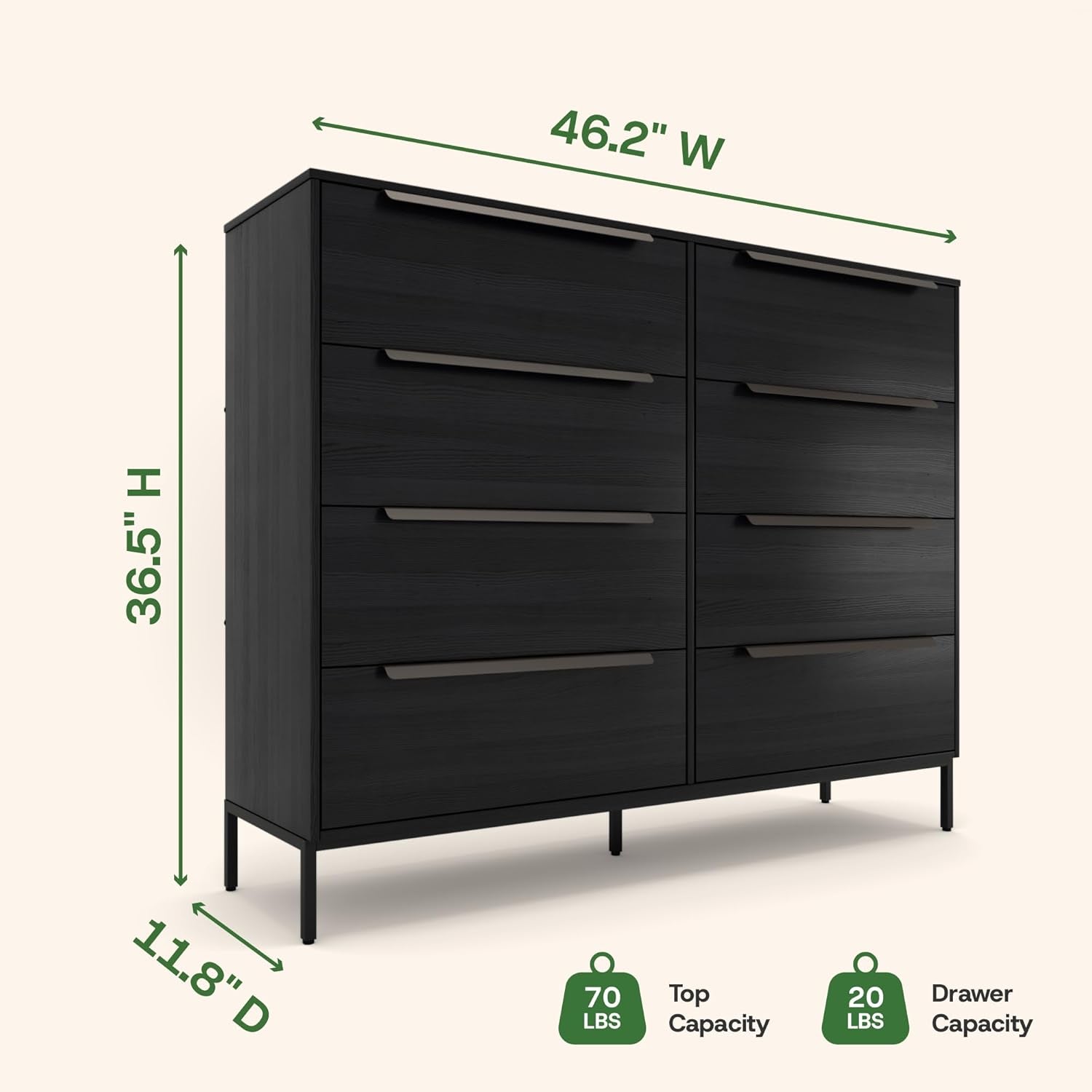 Lira Premium Fabric Dresser - Solid Wooden Frame, 8 Spacious Sag-Proof Drawers with Sleek Metal Handles - Premium & Durable Storage Solution for Your Home (Black)