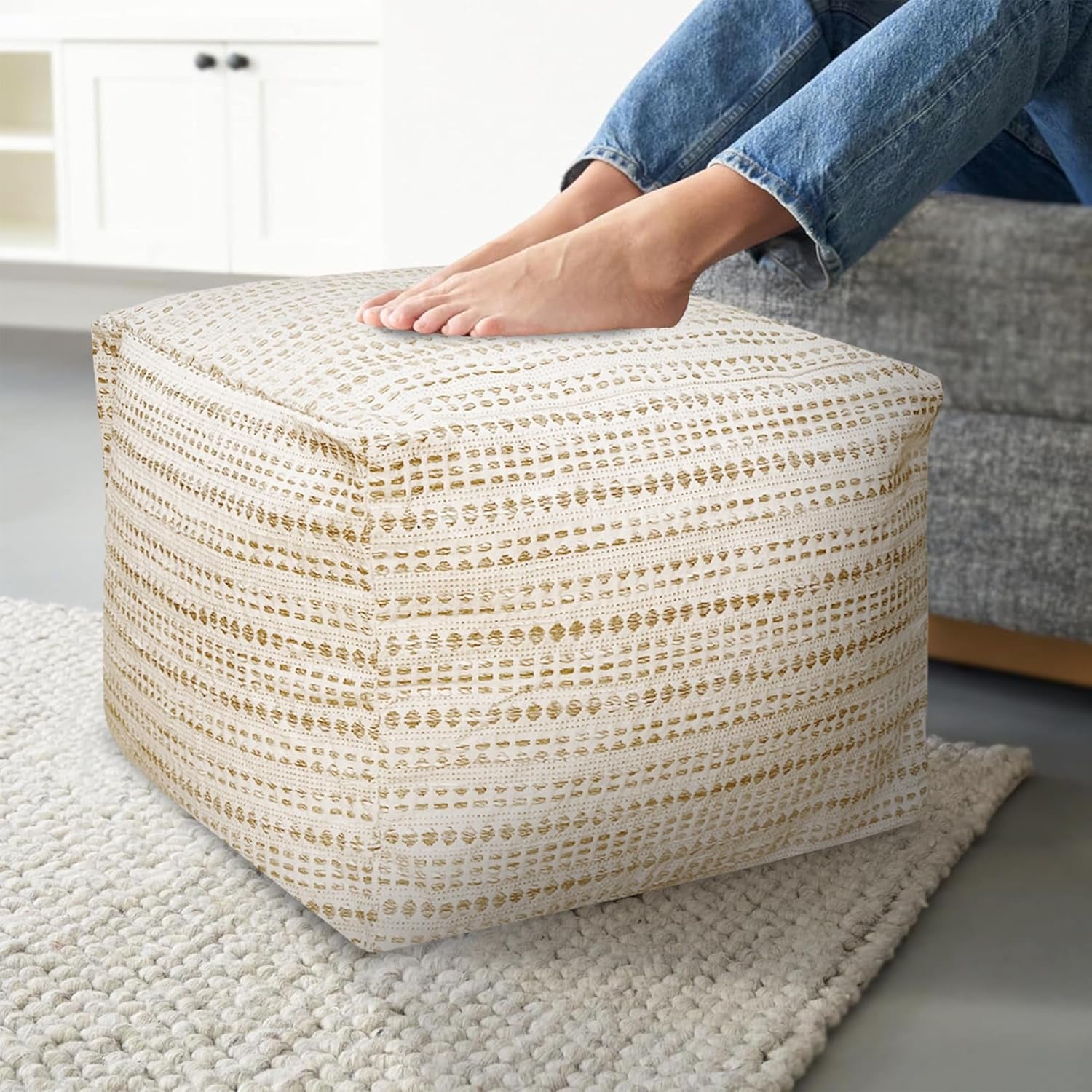 Unstuffed Ottoman, Cozy & Bohemian Pouf Covers, Hand Crafted Casual Seating, Footrest, Square Floor Pillow for Home, Office, Bedroom, Living Room, 16.5" X 16.5"X 12.9", Beige-Off White