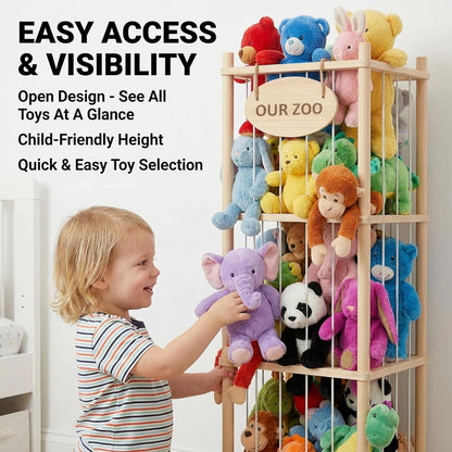 Stuffed Animal Storage Organizer - Thick Wooden Toy Zoo for Playroom & Bedroom, Large Plushies Holder with Cute Jail Cage Design, Plush Toy Display Tower Shelf (Large)