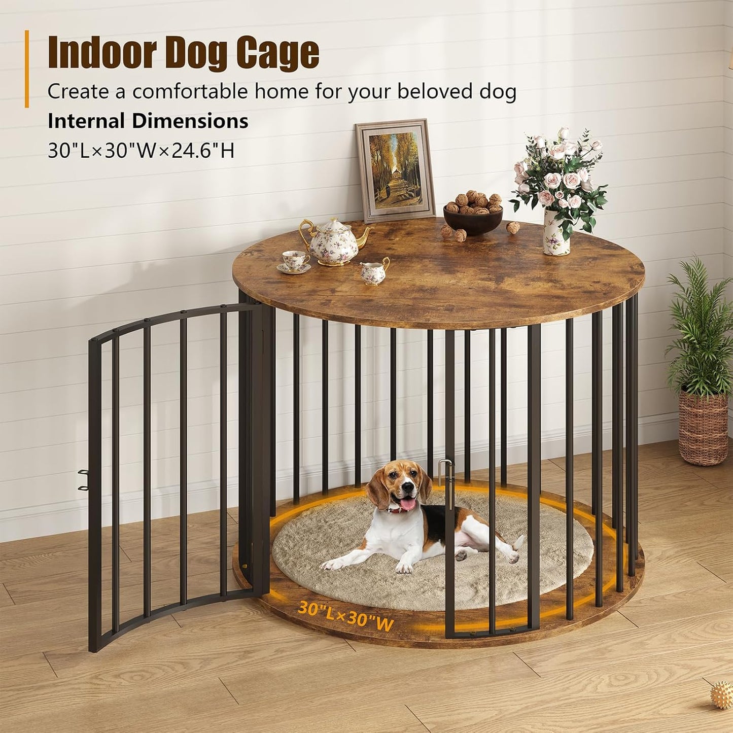 32 Inch Dog Crate Furniture for Large Medium Dogs, Wooden Dog Kennel Indoor Decorative Pet House Side End Table, round Dog Cage, White and Gold