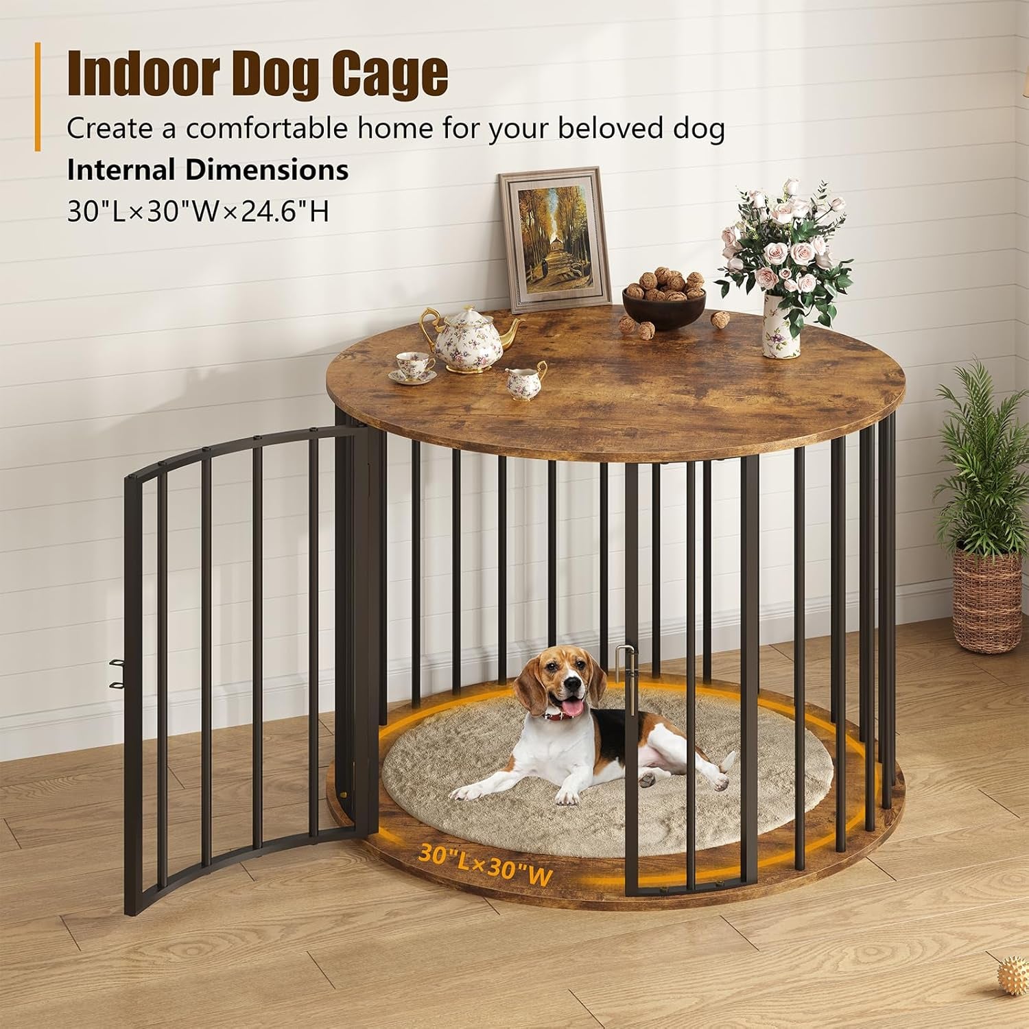 32 Inch Dog Crate Furniture for Large Medium Dogs, Wooden Dog Kennel Indoor Decorative Pet House Side End Table, round Dog Cage, White and Gold