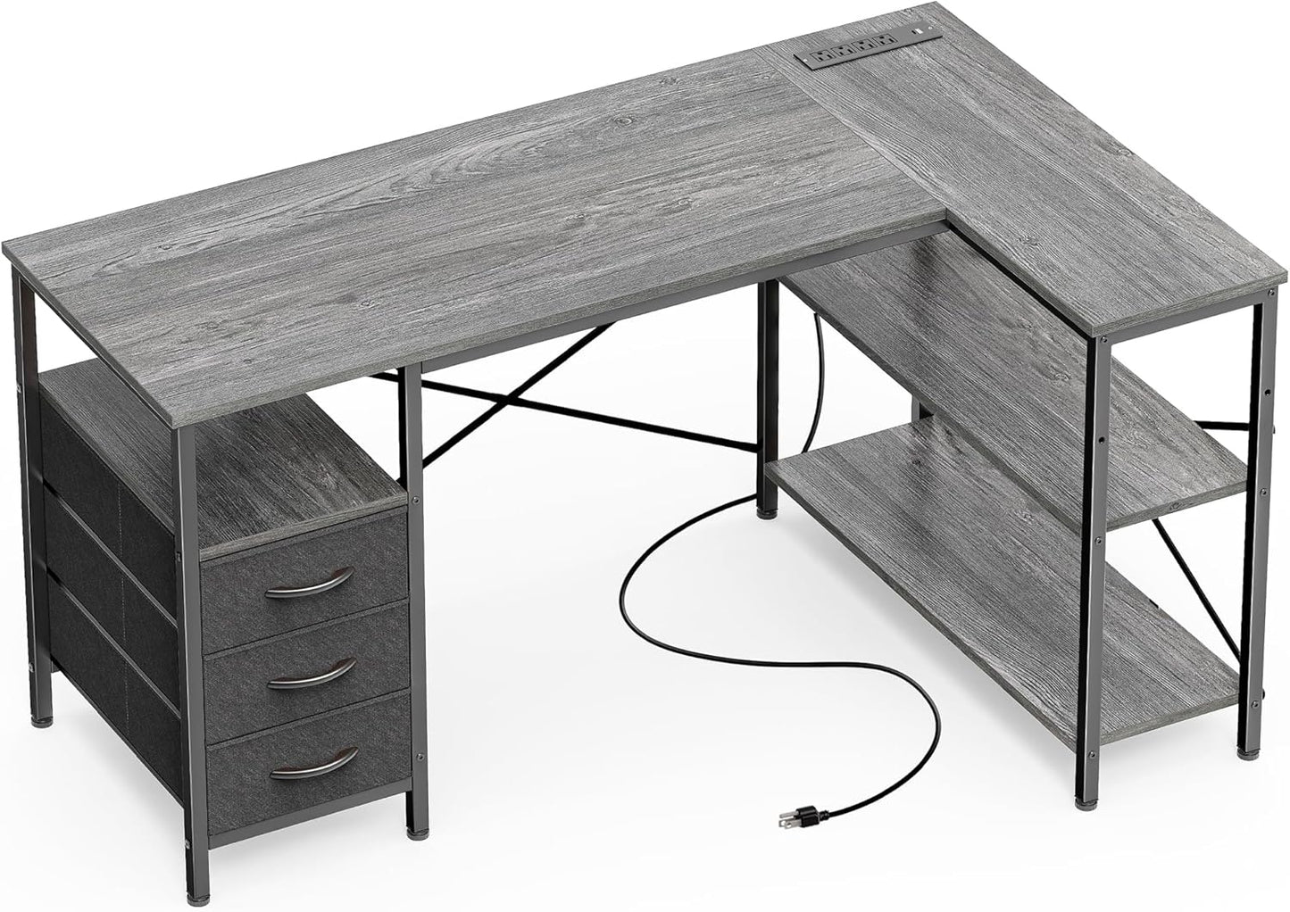 L Shaped Office Desk with Power Outlets, 47 Inch Computer Desk with 3 Drawers, Shelves, for Gaming, Corner Work, Home Office, Study, Grey