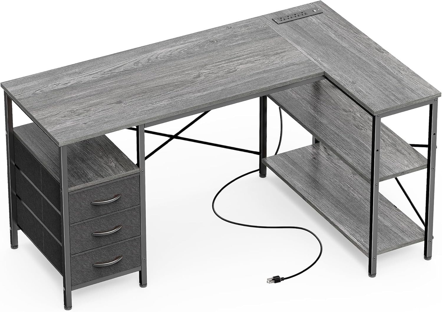 L Shaped Office Desk with Power Outlets, 47 Inch Computer Desk with 3 Drawers, Shelves, for Gaming, Corner Work, Home Office, Study, Grey