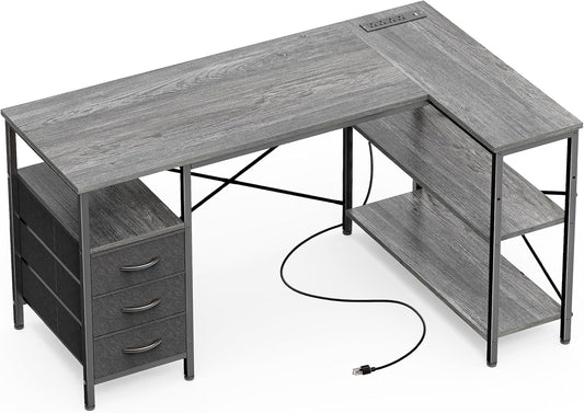 L Shaped Office Desk with Power Outlets, 47 Inch Computer Desk with 3 Drawers, Shelves, for Gaming, Corner Work, Home Office, Study, Grey