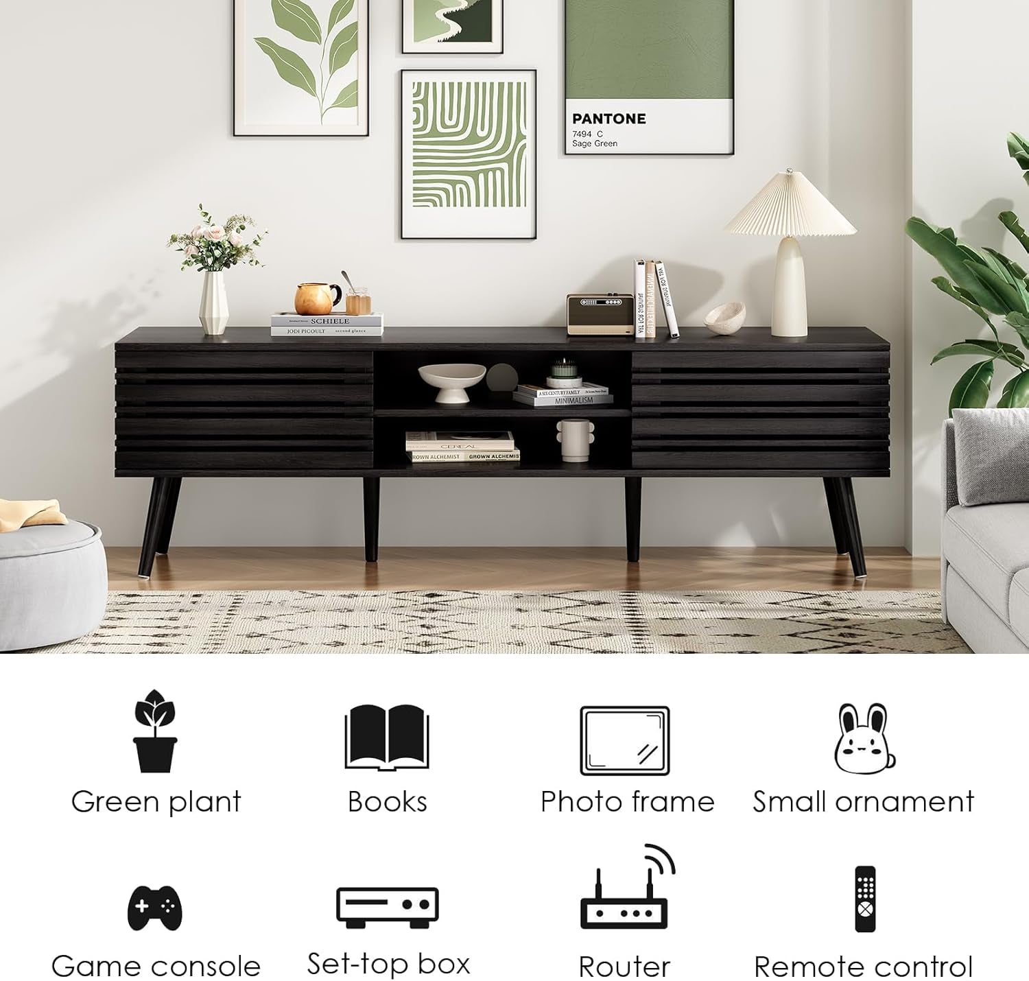 Mid Century Modern TV Stands for up to 70" TV with Storage, Fluted Wood TV Stand for Living Room, Boho Media Console, Entertainment Center with Cable Management