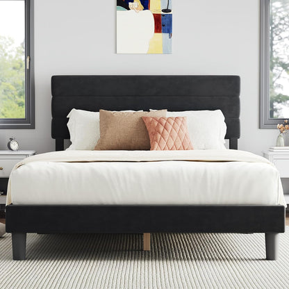 Full Size Bed Frame with Headboard, Full Bed Frame with Wooden Slats Support, Velvet Upholstered Stripe Headboard, No Box Spring Needed, Heavy Duty Feet, Easy Assembly, Black Velvet