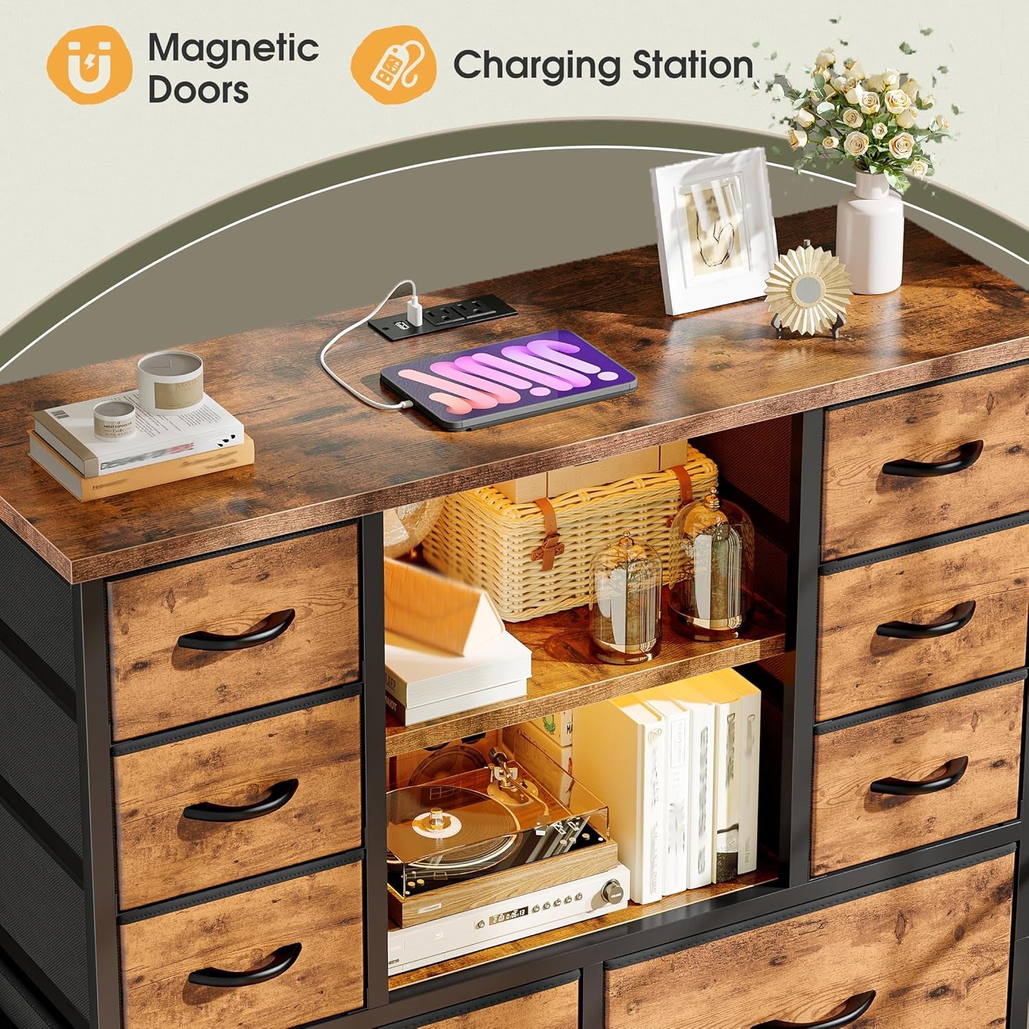 Dresser for Bedroom with Fabric Dresser, Charging Station & LED Light, Large Chest of Drawers for Living Room, Entryway, Metal Frame, Rustic Brown, 50.6" H X 37.8" W X 11.8" D