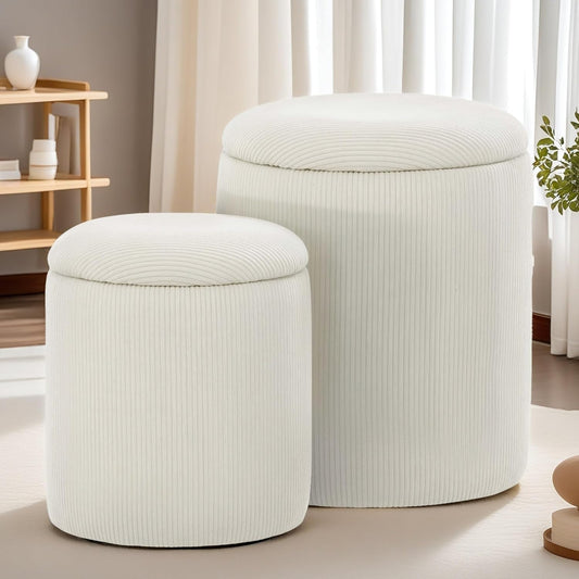 round Ottoman with Storage, Set of 2, Small Vanity Stool as Vanity Chair, Corduroy Ottoman Foot Rest for Small Space, Living Room, Bedroom, Beige
