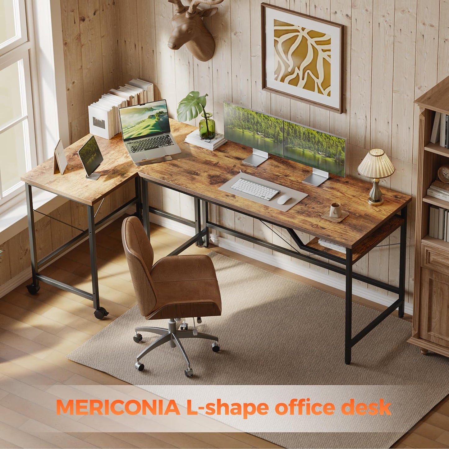 L Shaped Desk, Corner Computer Desk with Storage Shelves, Large Home Office Gaming Desk, Spacious Workstation for Gaming & Work, Rustic Brown (Rustic Brown)