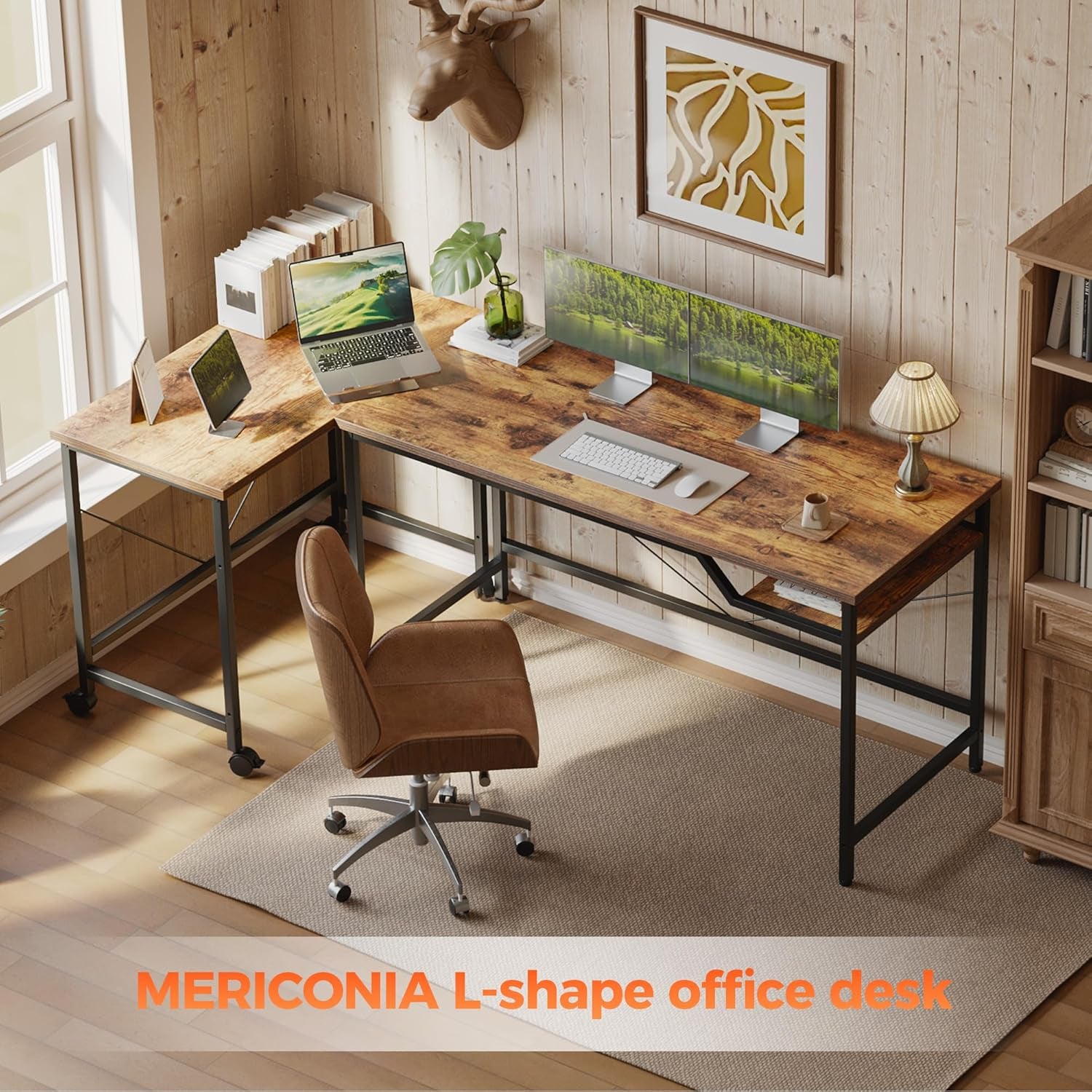 L Shaped Desk, Corner Computer Desk with Storage Shelves, Large Home Office Gaming Desk, Spacious Workstation for Gaming & Work, Rustic Brown (Rustic Brown)