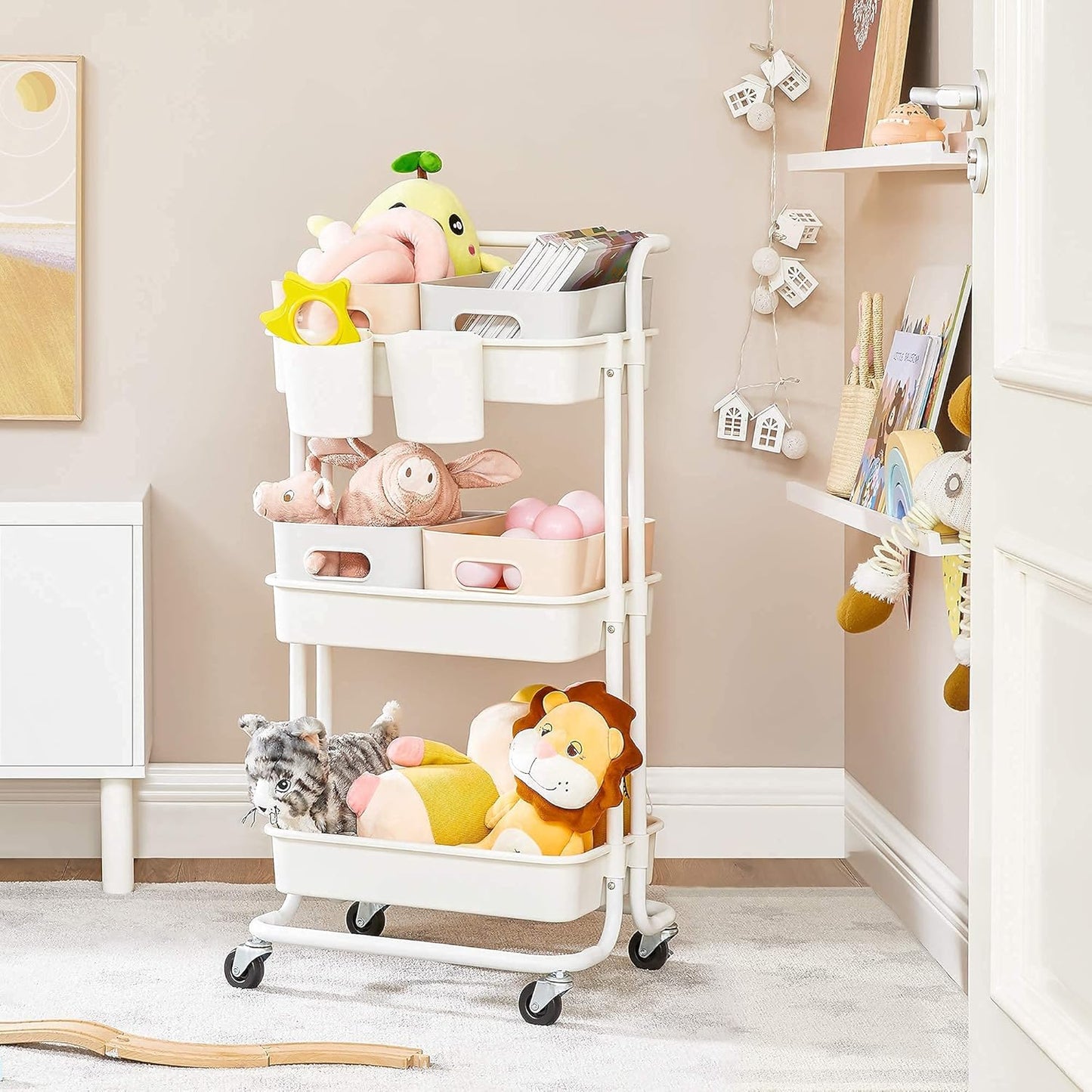 Rolling Cart, 3-Tier Storage Cart, Storage Trolley with Handle 2 Small Organizers, Steel Frame, Plastic Baskets, Utility Cart, Easy Assembly, for Bathroom Laundry Room, White UBSC067W01