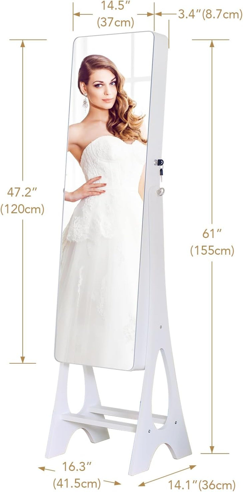 Mirror Jewelry Cabinet Standing, Full Length Mirror Jewelry Armoire Jewelry Organizer Lockable Jewelry Storage for Women Girl Full-Length Frameless LED Lights 6 Drawers Lockable White